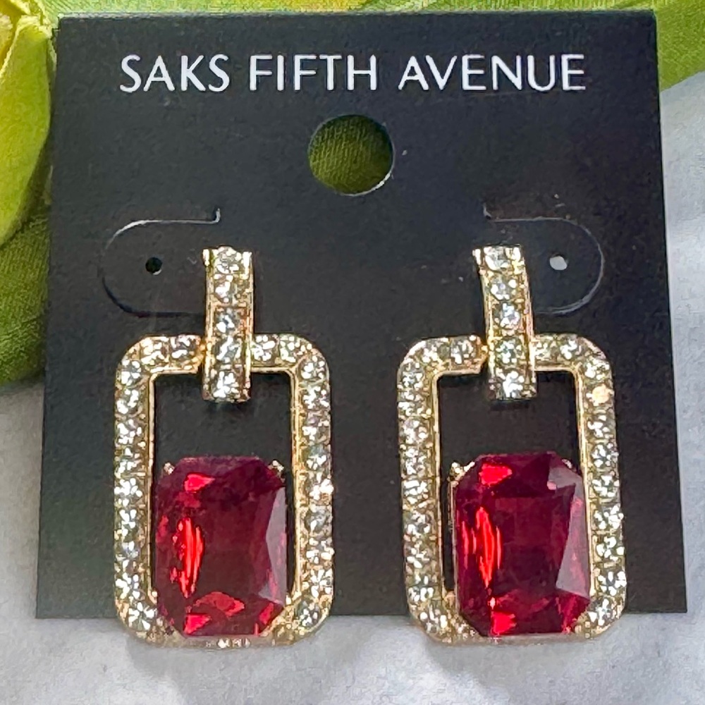 Saks Fifth Avenue Red Crystal Gold Statement Earrings 1.25in